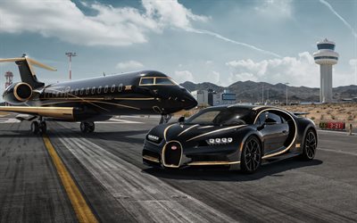 Bugatti Chiron, black supercar, hypercar, tuning Chiron, Bombardier Global 5000, Private Jet