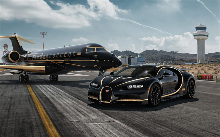 Bugatti Chiron, svart superbil, hypercar, tuning Chiron, Bombardier Globala 5000, Privat Jet