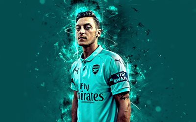 Mesut Ozil, 4k, Arsenal, soyut sanat, orta saha oyuncusu, mavi &#252;niforma, futbol yıldızları, futbol, Ozil, İngiltere Premier Ligi, futbolcular, neon ışıkları, Schalke
