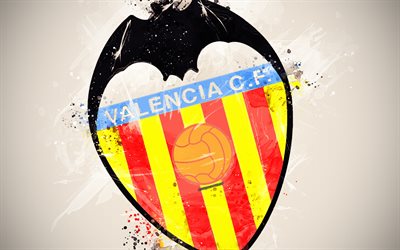 Il Valencia CF, 4k, vernice, arte, creativo, squadra di calcio spagnola, il logo, La Liga, La Primera Division, stemma, sfondo bianco, stile grunge, Valencia, Spagna, calcio