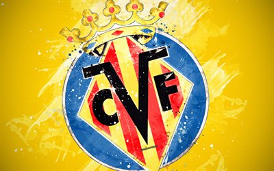 Il Villarreal CF, 4k, vernice, arte, creativo, squadra di calcio spagnola, il logo, La Liga, La Primera Division, stemma, sfondo giallo, grunge, stile, Villarreal, Spagna, calcio