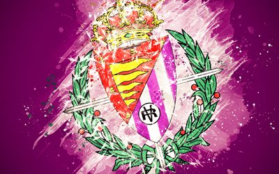 Real Valladolid CF, 4k, paint art, creative, Spanish football team, logo, La Liga, The Primera Division, emblem, purple background, grunge style, Valladolid, Spain, football