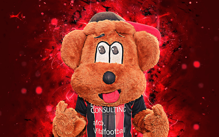 Cherry Bear, 4k, mascot, Bournemouth, abstract art, Premier League, creative, official mascot, neon lights, Bournemouth FC mascot