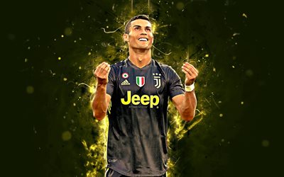 4k, Cristiano Ronaldo, noir uniforme, CR7 de la Juve, de l&#39;art abstrait, la Juventus, le football, Serie A, Ronaldo, CR7, les n&#233;ons, les joueurs de football, la Juventus FC, les Bianconeri, cr&#233;atif