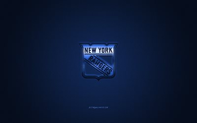 New York Rangers, Amerikan hokey kul&#252;b&#252;, NHL, mavi logo, mavi karbon fiber arka plan, hokey, New York, ABD Ulusal Hokey Ligi, New York Rangers logosu