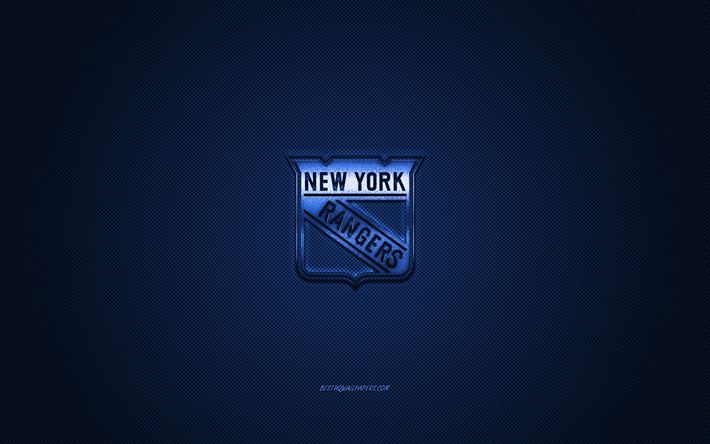 New York Rangers, Americana de h&#243;quei clube, NHL, azul do logotipo, azul de fibra de carbono de fundo, h&#243;quei, Nova York, EUA, Liga Nacional De H&#243;quei, New York Rangers logotipo
