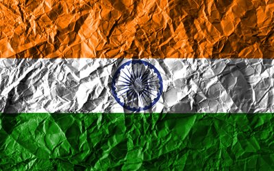 Bandiera indiana, 4k, carta stropicciata, paesi Asiatici, creativo, Bandiera dell&#39;India, simboli nazionali, Asia, India 3D bandiera, India
