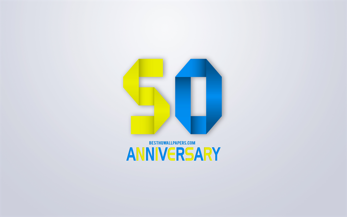 الذكرى 50 علامة, اوريغامي الذكرى الرموز, الأصفر الأزرق اوريغامي أرقام, خلفية بيضاء, اوريغامي الأرقام, الذكرى ال50, الفنون الإبداعية, 50 عاما الذكرى