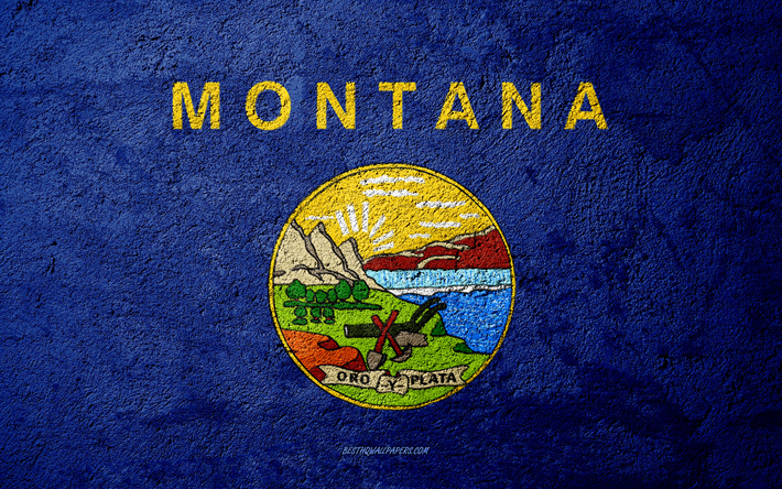 Flag of State of Montana, concrete texture, stone background, Montana flag, USA, Montana State, flags on stone, Flag of Montana