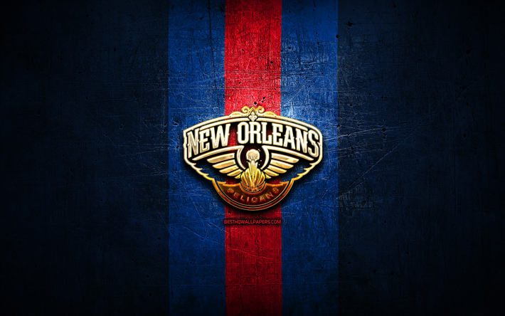 New Orleans Pelikaner, golden logotyp, NBA, bl&#229; metall bakgrund, amerikansk basket club, New Orleans Pelikaner logotyp, basket, USA