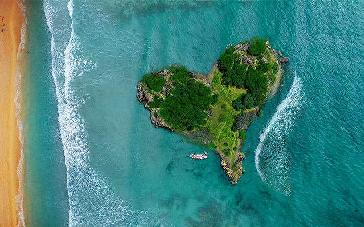 a forma di cuore, isola, oceano, costa, spiaggia, isola bella, luoghi romantici, isola del cuore