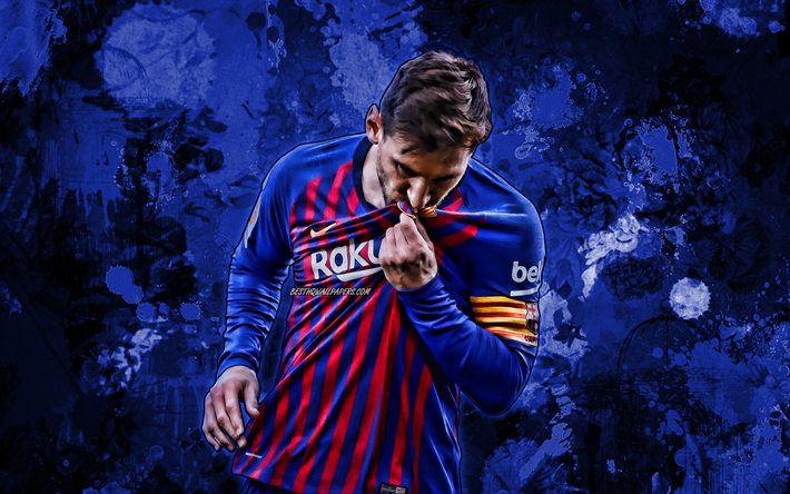 Lionel Messi, FC Barcelona, blue paint splashes, goal, argentinian footballers, grunge art, La Liga, Spain, Lionel Andres Messi, close-up, soccer, football, Barca, Leo Messi