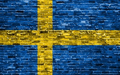 4k, スウェーデンのフラグ, レンガの質感, 欧州, 国立記号, 旗のスウェーデン, brickwall, スウェーデンの3Dフラグ, 欧州諸国, スウェーデン