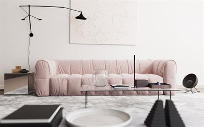 white living room, white interior, modern design, pink sofa, black floor lamp, white walls, minimalist interior