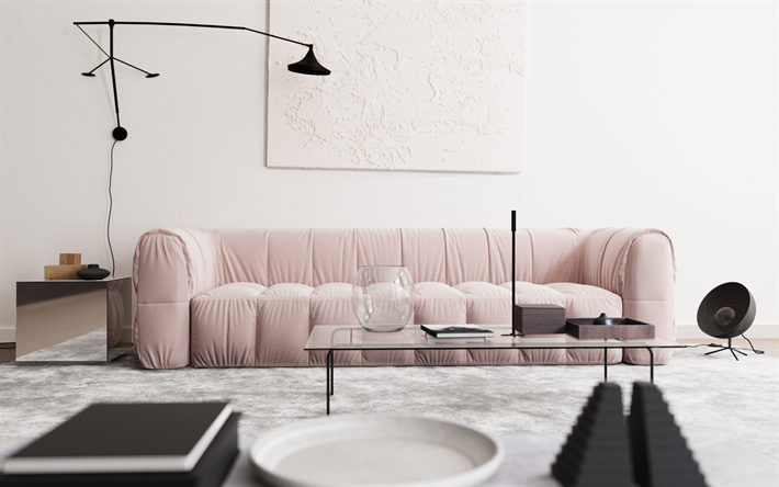 white living room, white interior, modern design, pink sofa, black floor lamp, white walls, minimalist interior
