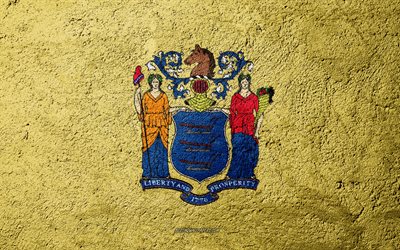 Flag of State of New Jersey, concrete texture, stone background, New Jersey flag, USA, New Jersey State, flags on stone, Flag of New Jersey