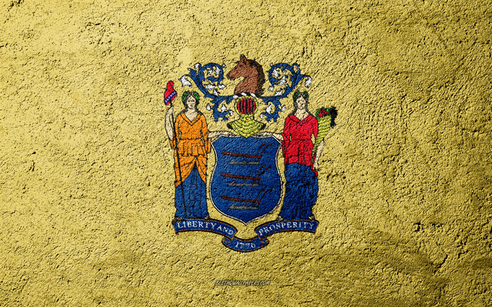 Flagga av delstaten New Jersey, konkret struktur, sten bakgrund, New Jersey flagga, USA, New Jersey State, flaggor p&#229; sten, Flaggan i New Jersey