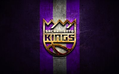 Sacramento Kings, golden logo, NBA, violet metal background, american basketball club, Sacramento Kings logo, basketball, USA