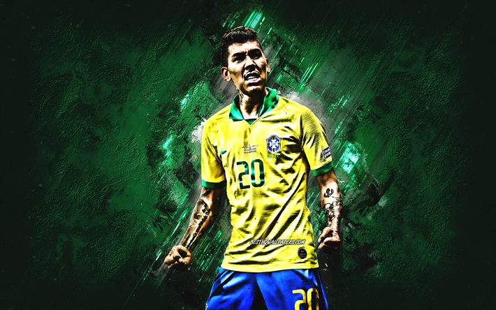 Roberto Firmino, portrait, Brazil national football team, Brazilian football player, attacking midfielder, green stone background, Brazil, football