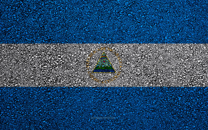 Kuzey Amerika &#252;lkeleri Nikaragua asfaltta, asfalt doku, bayrak bayrak, Nikaragua bayrağı, Kuzey Amerika, Nikaragua, bayraklar