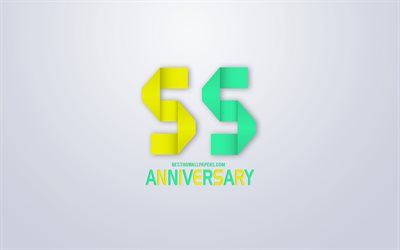 55th Anniversary sign, origami anniversary symbols, yellow green origami digits, White background, origami numbers, 55th Anniversary, creative art, 55 Years Anniversary