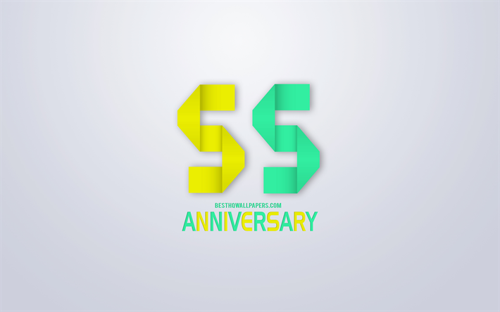 55e Anniversaire de la signer, origami anniversaire symboles, jaune, vert origami chiffres, fond Blanc, origami num&#233;ros, 55e Anniversaire, art cr&#233;atif, 55 Ans Anniversaire