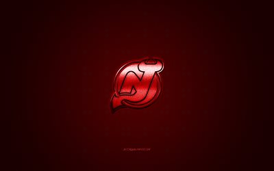 New Jersey Devils, American hockey club, NHL, punainen logo, punainen hiilikuitu tausta, j&#228;&#228;kiekko, New Jersey, USA, National Hockey League, New Jersey Devils logo