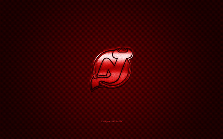 New Jersey Devils, American hockey club, NHL, r&#246;d logo, red kolfiber bakgrund, hockey, New Jersey, USA, National Hockey League, New Jersey Devils logotyp