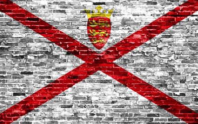 4k, Jersey flag, bricks texture, Europe, national symbols, Flag of Jersey, brickwall, Jersey 3D flag, European countries, Jersey