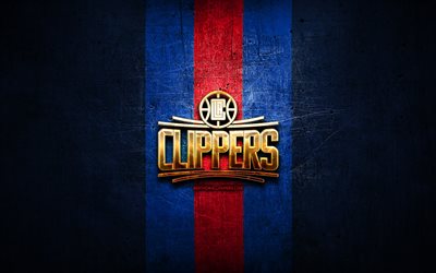 Los Angeles Clippers, kultainen logo, NBA, sininen metalli tausta, american basketball club, Los Angeles Clippers-logo, koripallo, USA, LA Clippers