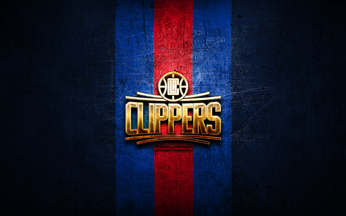 Los Angeles Clippers, kultainen logo, NBA, sininen metalli tausta, american basketball club, Los Angeles Clippers-logo, koripallo, USA, LA Clippers