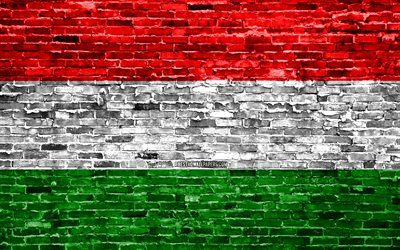 4k, Macar bayrağı, tuğla doku, Avrupa, ulusal semboller, Macaristan Bayrağı, brickwall, Macaristan 3D bayrak, Avrupa &#252;lkeleri, Macaristan