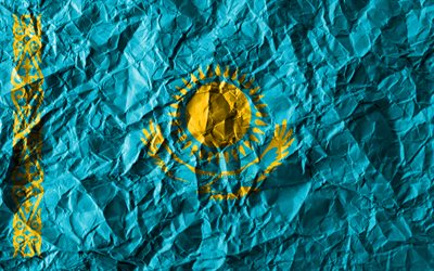 Kazakh flag, 4k, crumpled paper, Asian countries, creative, Flag of Kazakhstan, national symbols, Asia, Kazakhstan 3D flag, Kazakhstan