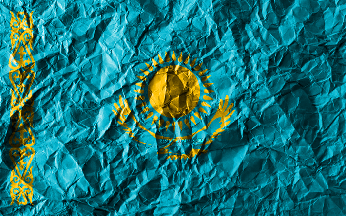 Le Kazakh drapeau, 4k, papier froiss&#233;, les pays d&#39;Asie, cr&#233;atif, Drapeau de la r&#233;publique du Kazakhstan, les symboles nationaux, l&#39;Asie, le Kazakhstan 3D drapeau, Kazakhstan