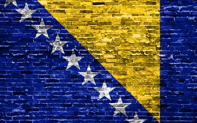 4k, Bosnian flag, bricks texture, Europe, national symbols, Flag of Bosnia and Herzegovina, brickwall, European countries, Bosnia and Herzegovina