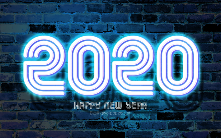 4k, 2020 النيون الأزرق الأرقام, العمل الفني, سنة جديدة سعيدة عام 2020, الأزرق brickwall, 2020 النيون الفن, 2020 المفاهيم, النيون الأزرق الأرقام, 2020 على خلفية زرقاء, 2020 أرقام السنة