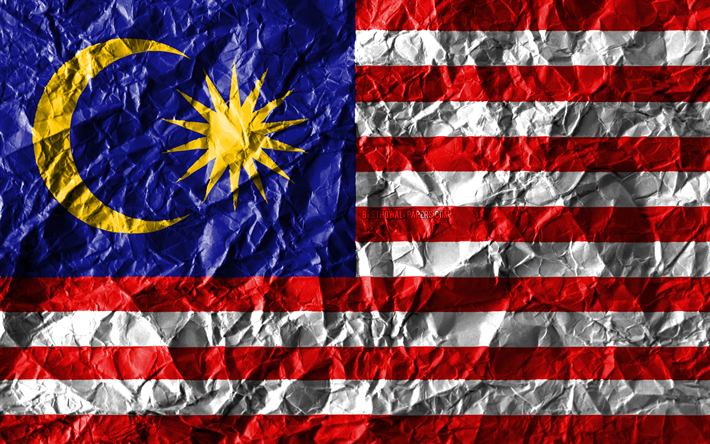 Malese bandiera, 4k, carta stropicciata, paesi Asiatici, creativo, Bandiera della Malesia, simboli nazionali, Asia, Malaysia 3D bandiera, Malesia