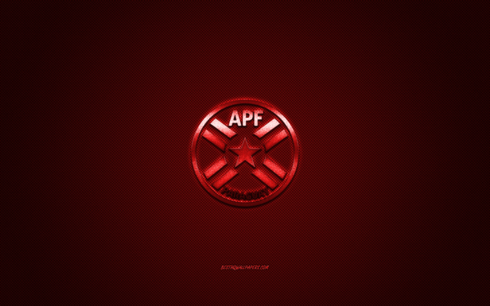 Paraguay national football team, emblem, red logo, red carbon fiber background, Paraguay football team logo, football, Paraguay