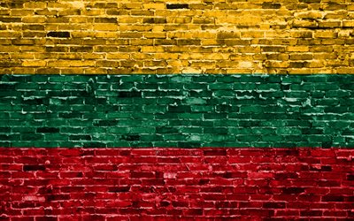 4k, Lithuanian flag, bricks texture, Europe, national symbols, Flag of Lithuania, brickwall, Lithuania 3D flag, European countries, Lithuania
