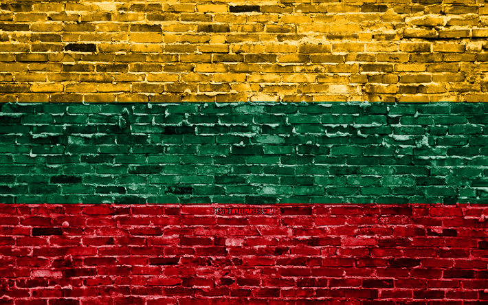 4k, Liettuan lippu, tiilet rakenne, Euroopassa, kansalliset symbolit, Liettuan lipun alla, brickwall, Liettua 3D flag, Euroopan maissa, Liettua