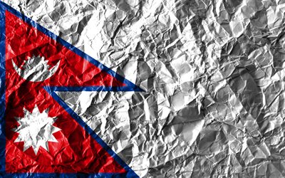Nepalese flag, 4k, crumpled paper, Asian countries, creative, Flag of Nepal, national symbols, Asia, Nepal 3D flag, Nepal
