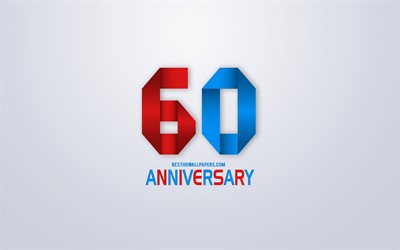 60th Anniversary sign, origami anniversary symbols, red and blue origami digits, White background, origami numbers, 60th Anniversary, creative art, 60 Years Anniversary