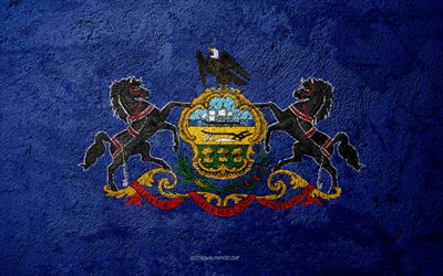 die flagge des us-bundesstaat pennsylvania und die beton-textur -, stein-hintergrund, der pennsylvania state flag, usa, washington state, die fahnen auf den stein-flags, die von der pennsylvania