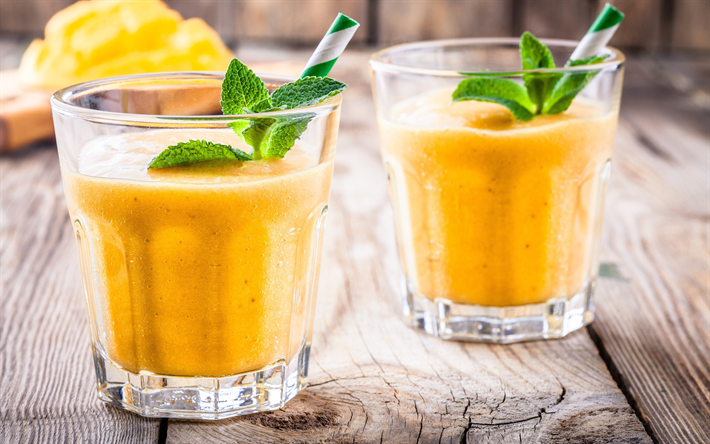 muz mango smoothie, 4k, meyve, kahvaltı, muz, mango, sağlıklı gıda, meyve smoothies