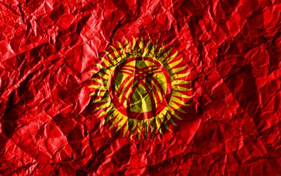 Kirghize drapeau, 4k, papier froiss&#233;, les pays d&#39;Asie, cr&#233;atif, Drapeau du Kirghizistan, les symboles nationaux, l&#39;Asie, le Kirghizistan 3D drapeau, Kirghizistan