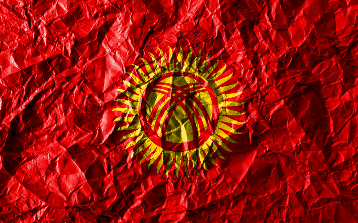 Kirgiziska flagga, 4k, skrynkliga papper, Asiatiska l&#228;nder, kreativa, Flaggan i Kirgizistan, nationella symboler, Asien, Kirgizistan 3D-flagga, Kirgizistan