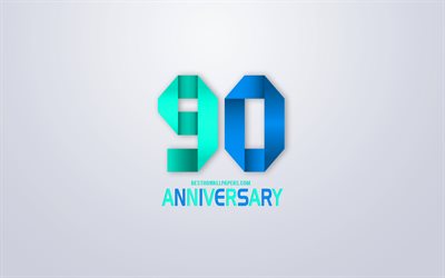 90 &#176; Anniversario segno, origami anniversario simboli, blu origami cifre, sfondo Bianco, origami numeri, 90 &#176; Anniversario, arte creativa, 90 Anni di Anniversario