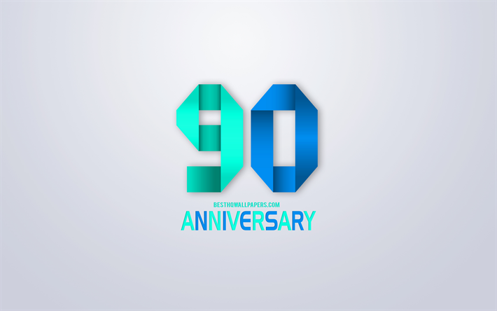 90&#186; Aniversario signo, origami aniversario s&#237;mbolos, azul origami d&#237;gitos, fondo Blanco, origami n&#250;meros, 90&#186; Aniversario, arte creativo, de 90 A&#241;os de Aniversario