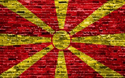 4k, Makedonian lippu, tiilet rakenne, Euroopassa, kansalliset symbolit, Lippu Pohjois-Makedoniassa, brickwall, Pohjois-Makedonian 3D flag, Euroopan maissa, Pohjois-Makedoniassa