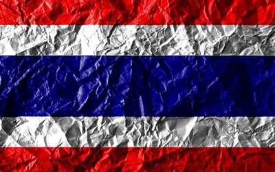 Thail&#228;ndska flaggan, 4k, skrynkliga papper, Asiatiska l&#228;nder, kreativa, Flagga av Thailand, nationella symboler, Asien, Thailand 3D-flagga, Thailand